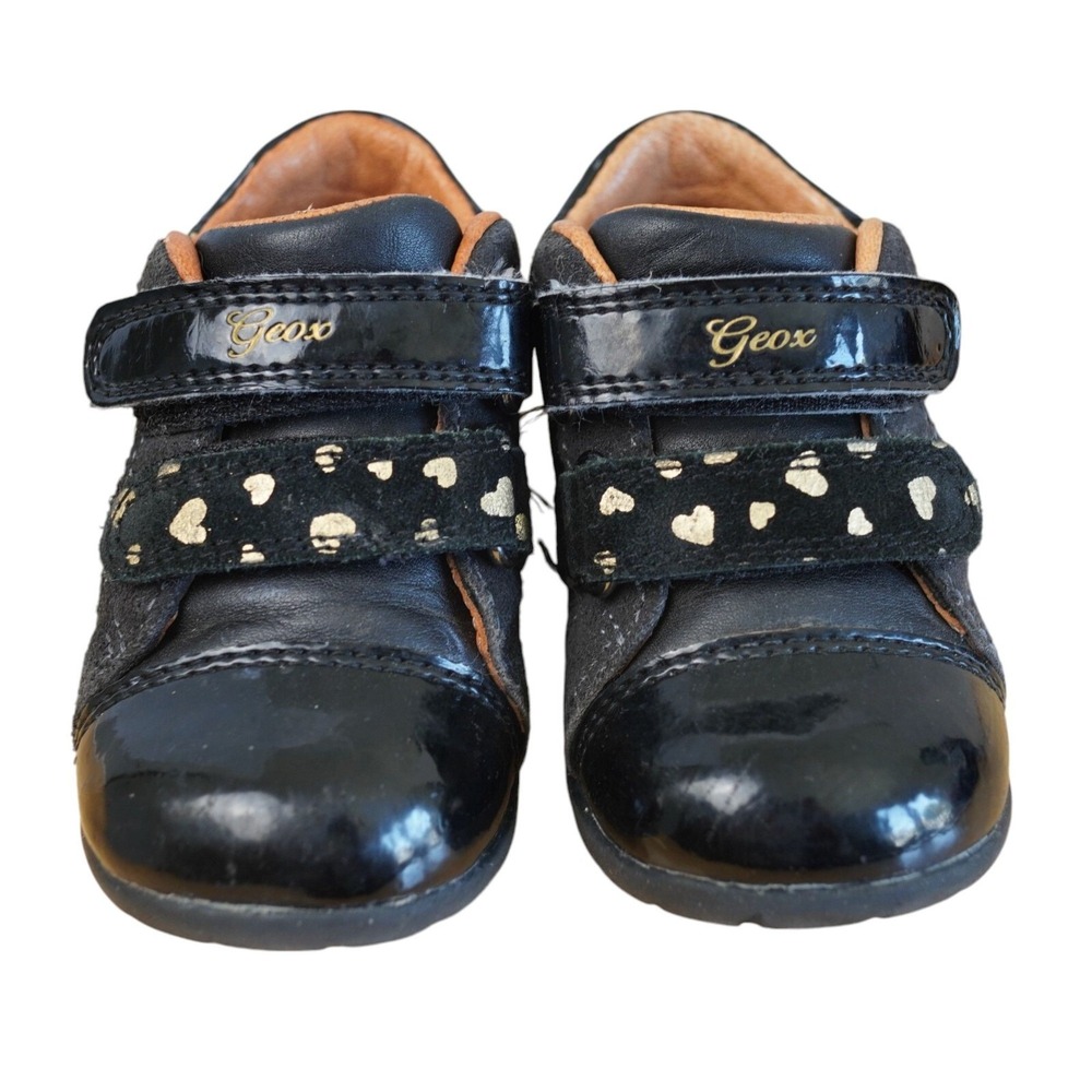 Geox Respira Toddler‎ Girls Black Patent Leather & Suede Shoes Size 4.5 S Heart